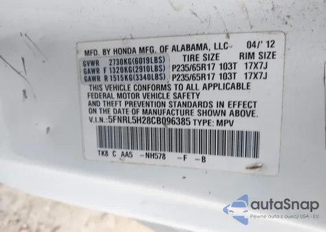 2012 Honda Odyssey Lx z USA, uszkodzony, nr VIN 5FNRL5H28CB096385